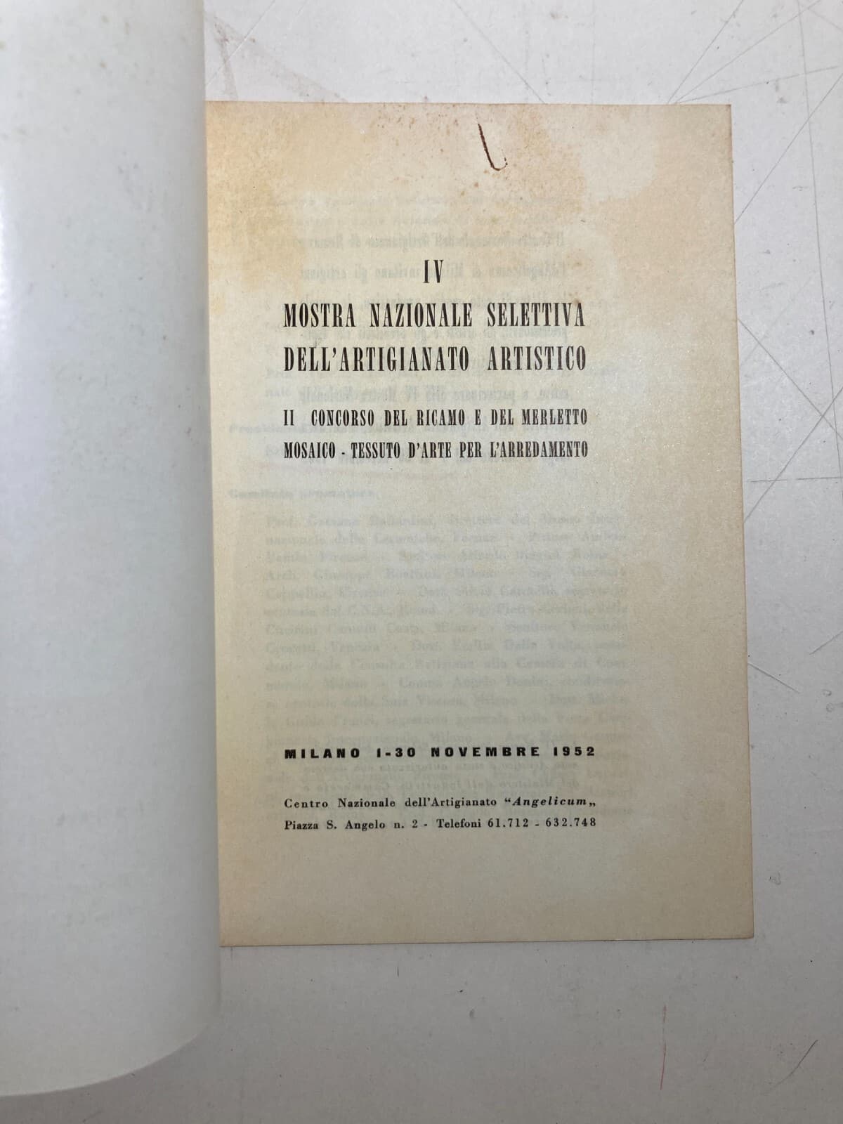 Milano: Mostra Artigianato Artistico Angelicum, Programma Ed Elenco Premi, 1952