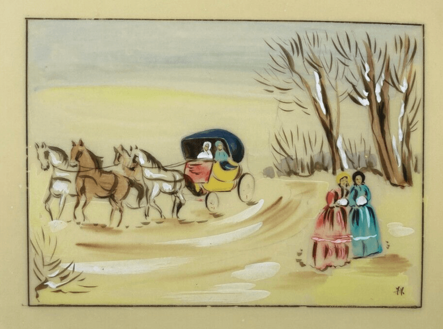 Scena Con Carrozza E Figure Femminili In Abito d'Epoca. Dipinto A Tempera Su Supporto Plastico