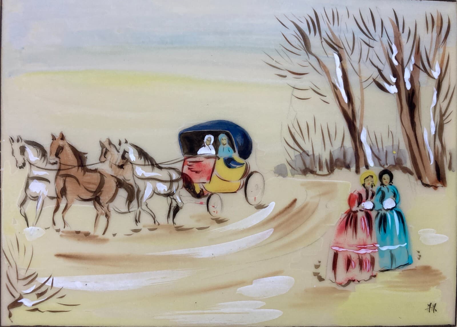 Scena Con Carrozza E Figure Femminili In Abito d'Epoca. Dipinto A Tempera Su Supporto Plastico