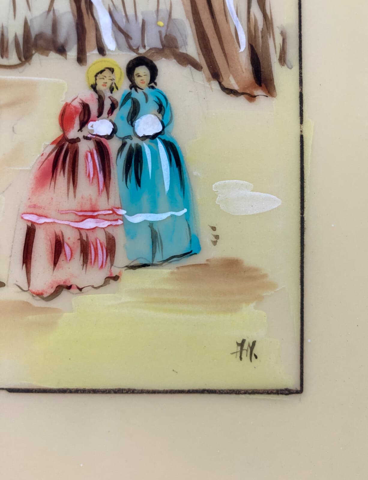 Scena Con Carrozza E Figure Femminili In Abito d'Epoca. Dipinto A Tempera Su Supporto Plastico