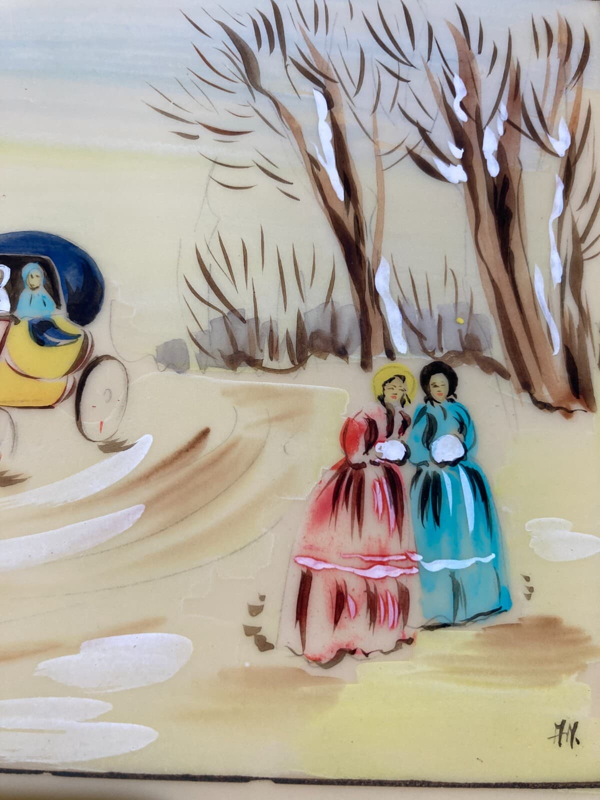 Scena Con Carrozza E Figure Femminili In Abito d'Epoca. Dipinto A Tempera Su Supporto Plastico