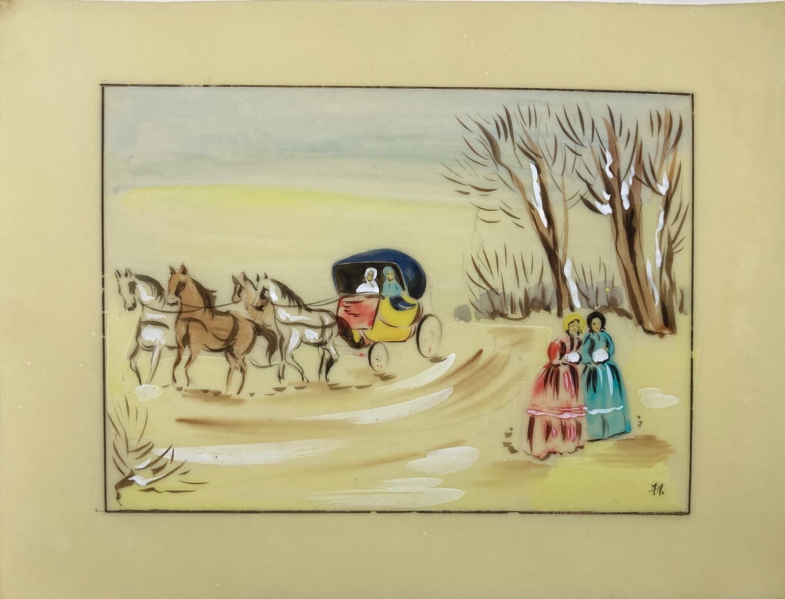 Scena Con Carrozza E Figure Femminili In Abito d'Epoca. Dipinto A Tempera Su Supporto Plastico