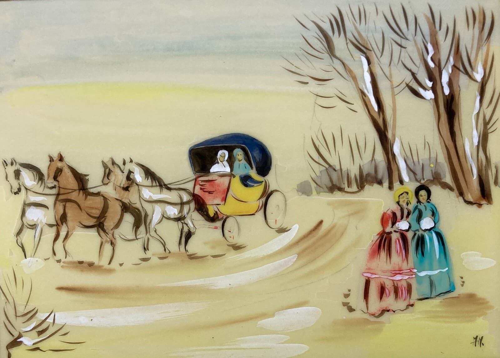 Scena Con Carrozza E Figure Femminili In Abito d'Epoca. Dipinto A Tempera Su Supporto Plastico