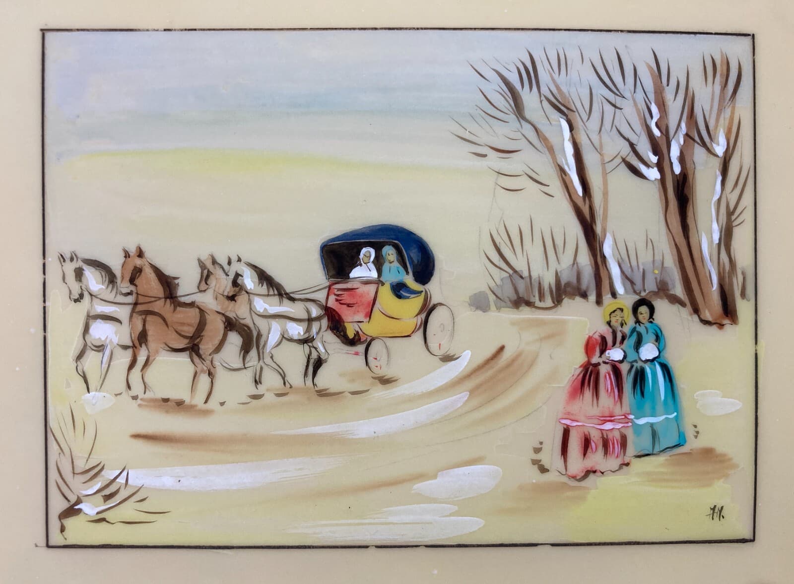 Scena Con Carrozza E Figure Femminili In Abito d'Epoca. Dipinto A Tempera Su Supporto Plastico