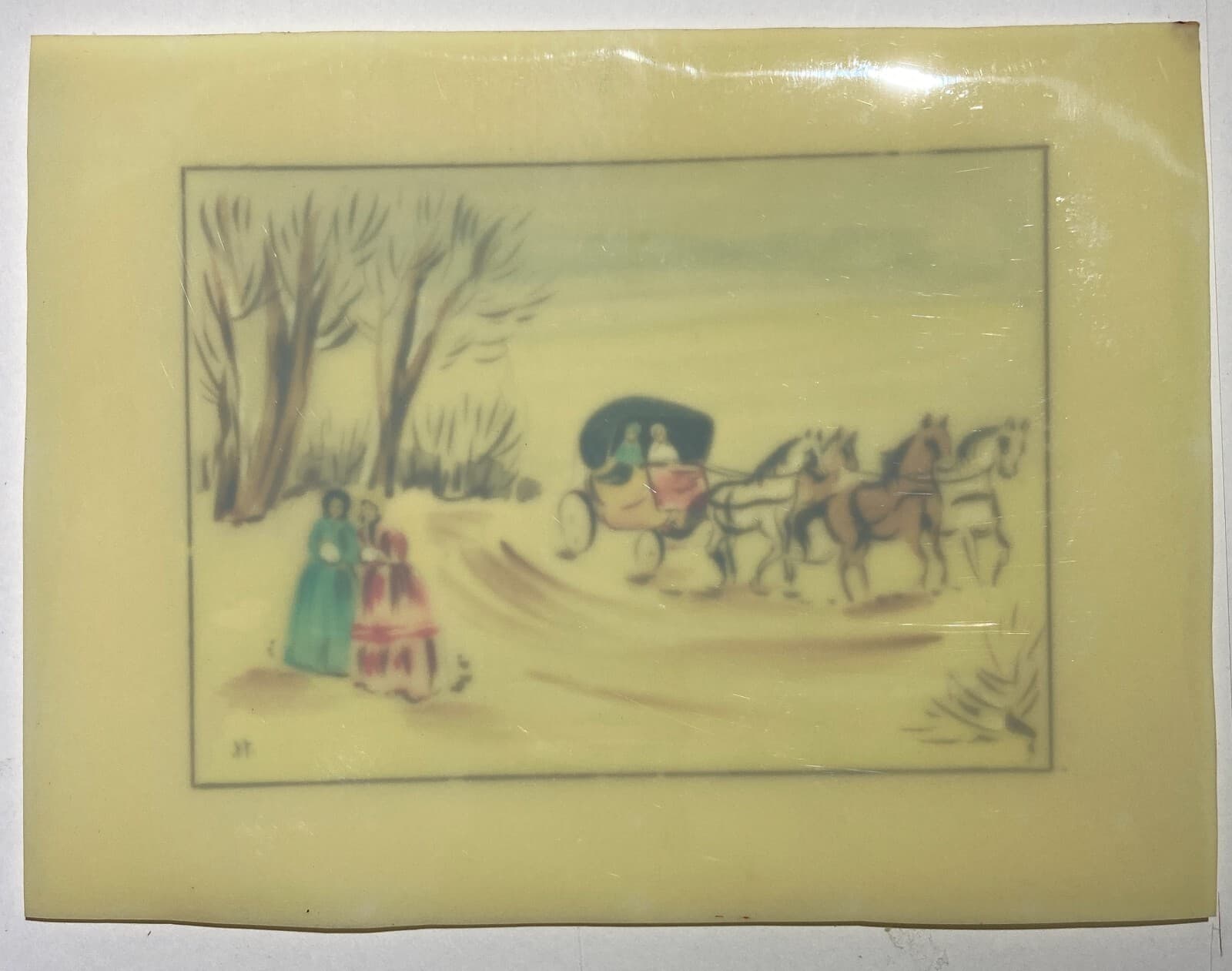 Scena Con Carrozza E Figure Femminili In Abito d'Epoca. Dipinto A Tempera Su Supporto Plastico