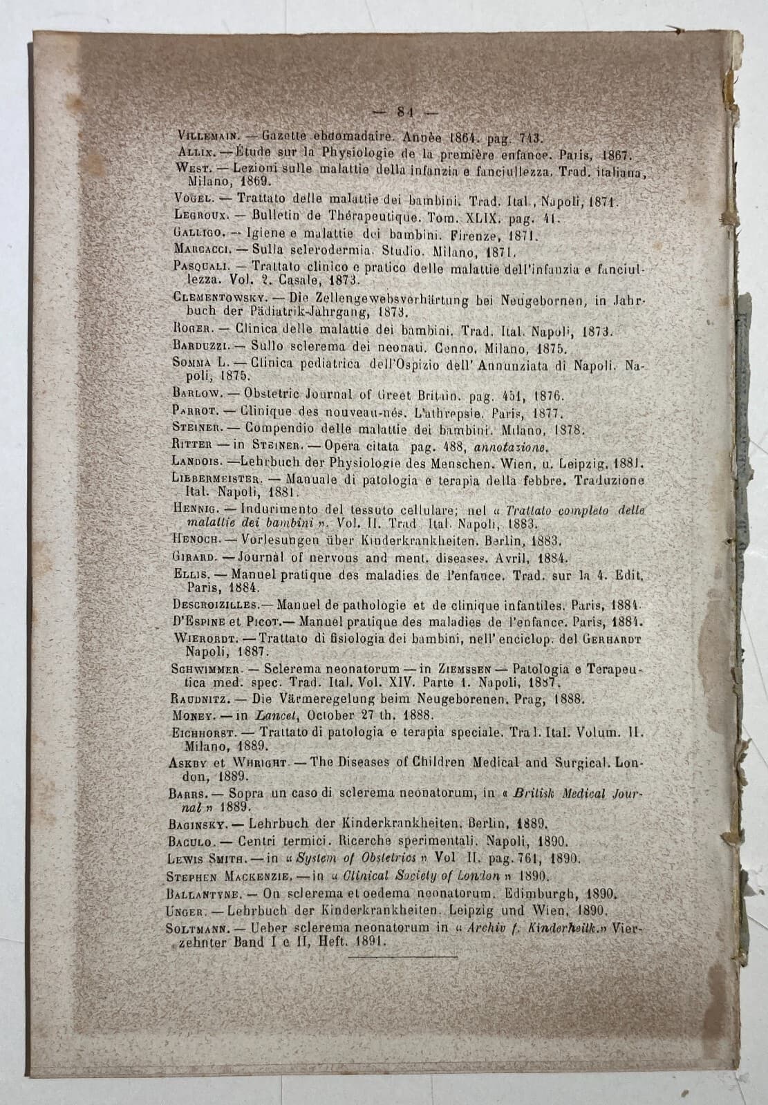 Medicina, Pediatria E Dermatologia: Lo Sclerema Dei Neonati. Antica Edizione Di G. Somma, Napoli 1892.