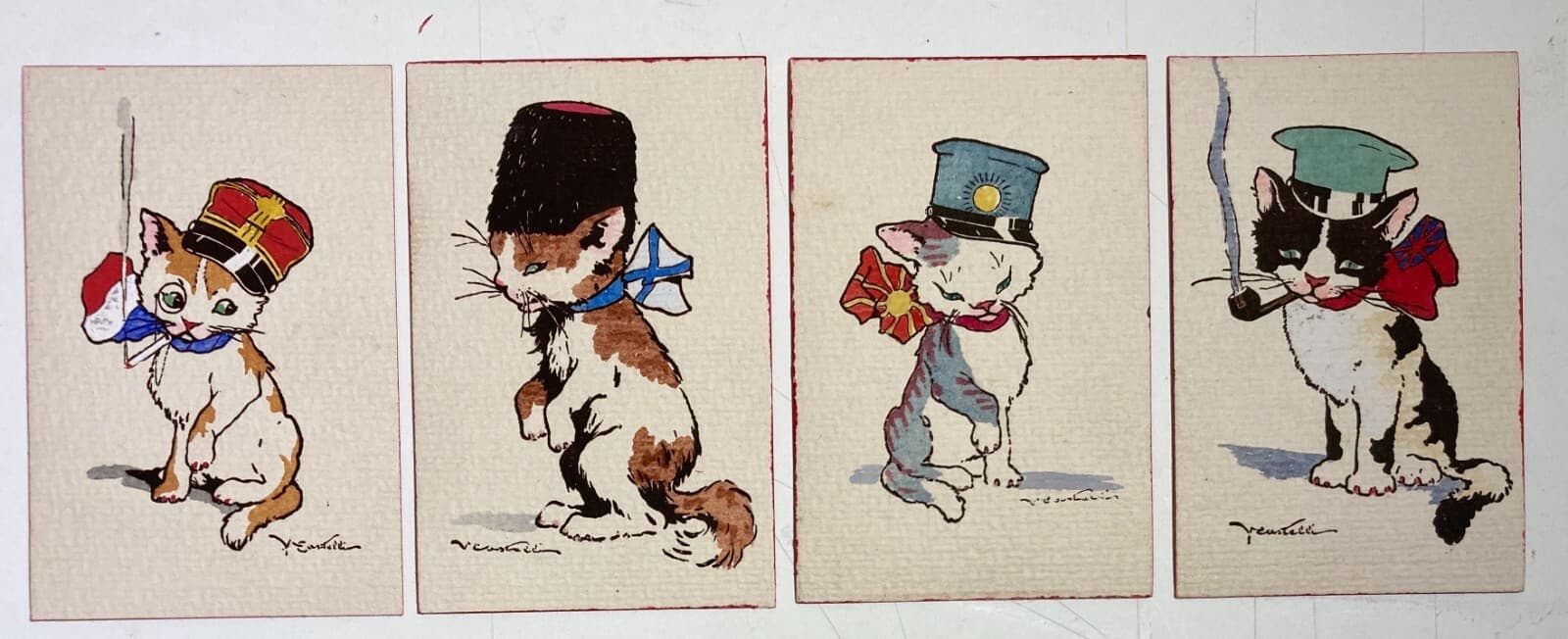 Quattro Cartoline Umoristiche Con Illustrazioni Di Gatti, Castelli