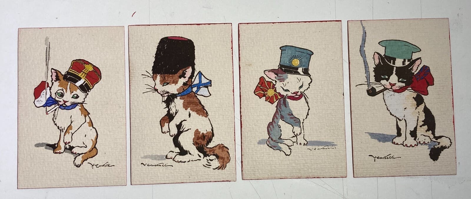 Quattro Cartoline Umoristiche Con Illustrazioni Di Gatti, Castelli