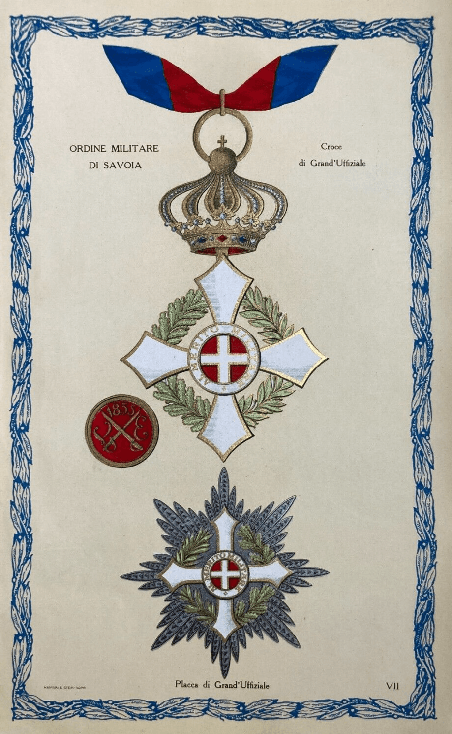 Araldica: Ordine Militare Di Savoia, Grand'Ufficiale. Antica Stampa A Colori