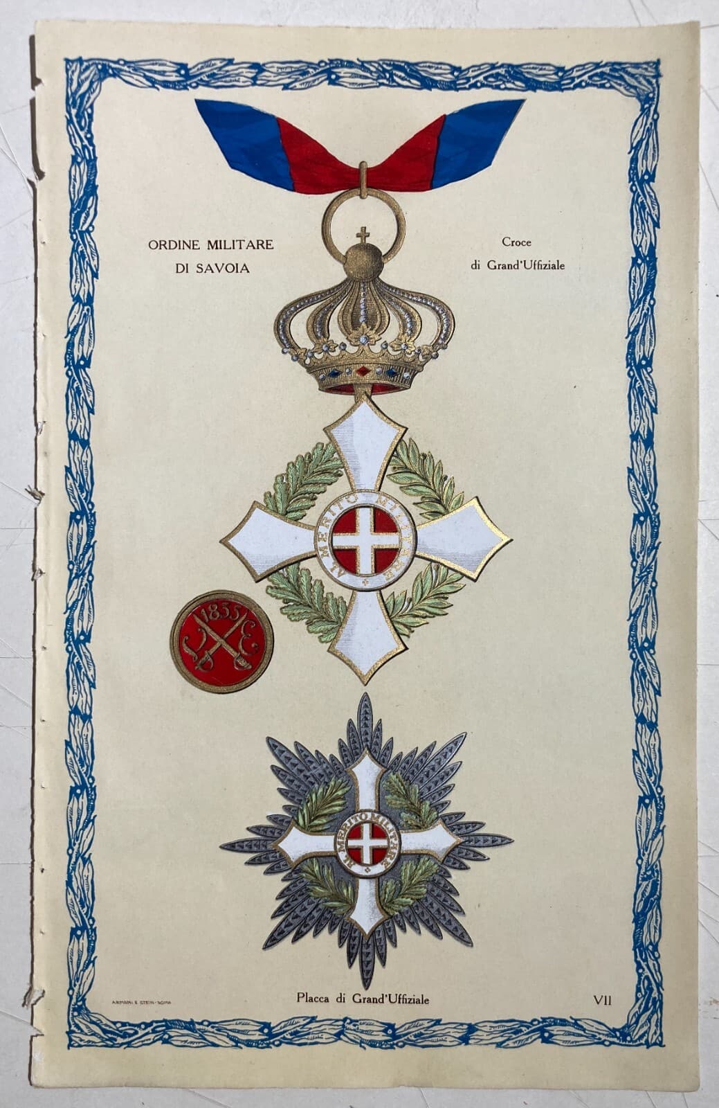 Araldica: Ordine Militare Di Savoia, Grand'Ufficiale. Antica Stampa A Colori