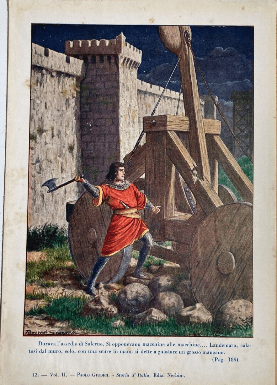 Assedio Di Salerno. Landemaro. Illustrazione A Colori Dell'Artista Tancredi Scarpelli. Primi '900.