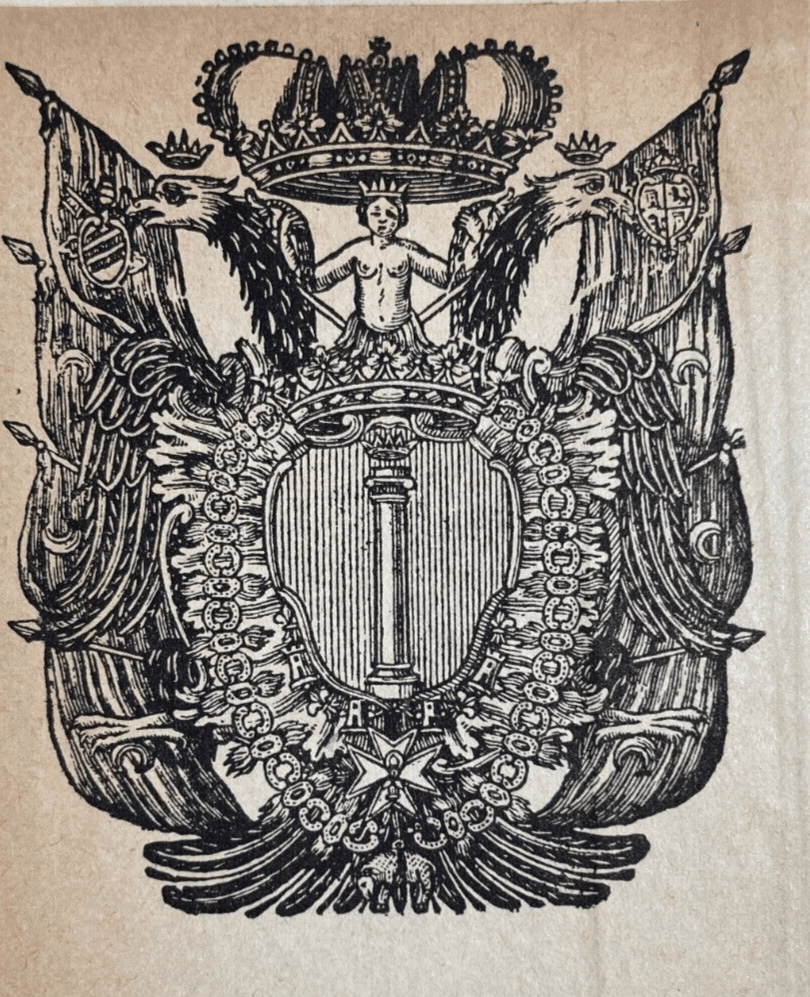 Araldica: Antico Ex Libris, Illustrazione Allegorica, Stampa d'Epoca Con Croce Di Malta