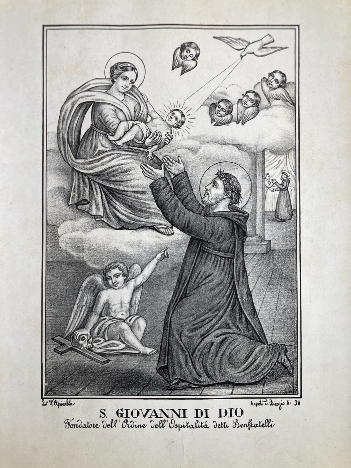 Antica Stampa Popolare Devozionale: S. Giovanni Di Dio, Fatebenefratelli, Apicella