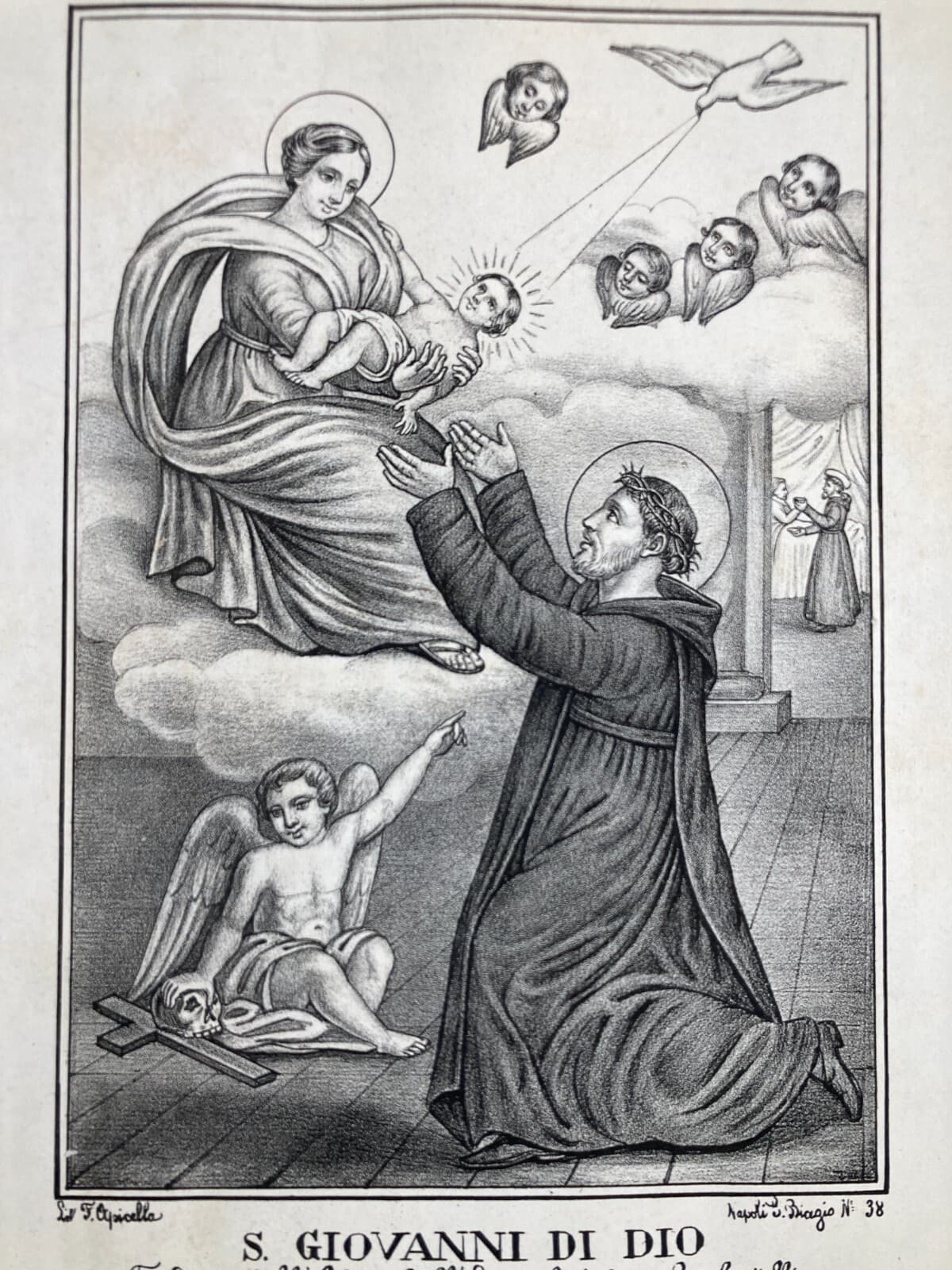 Antica Stampa Popolare Devozionale: S. Giovanni Di Dio, Fatebenefratelli, Apicella