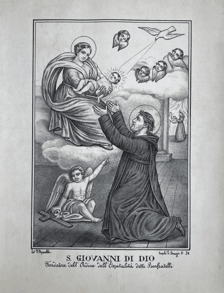 Antica Stampa Popolare Devozionale: S. Giovanni Di Dio, Fatebenefratelli, Apicella