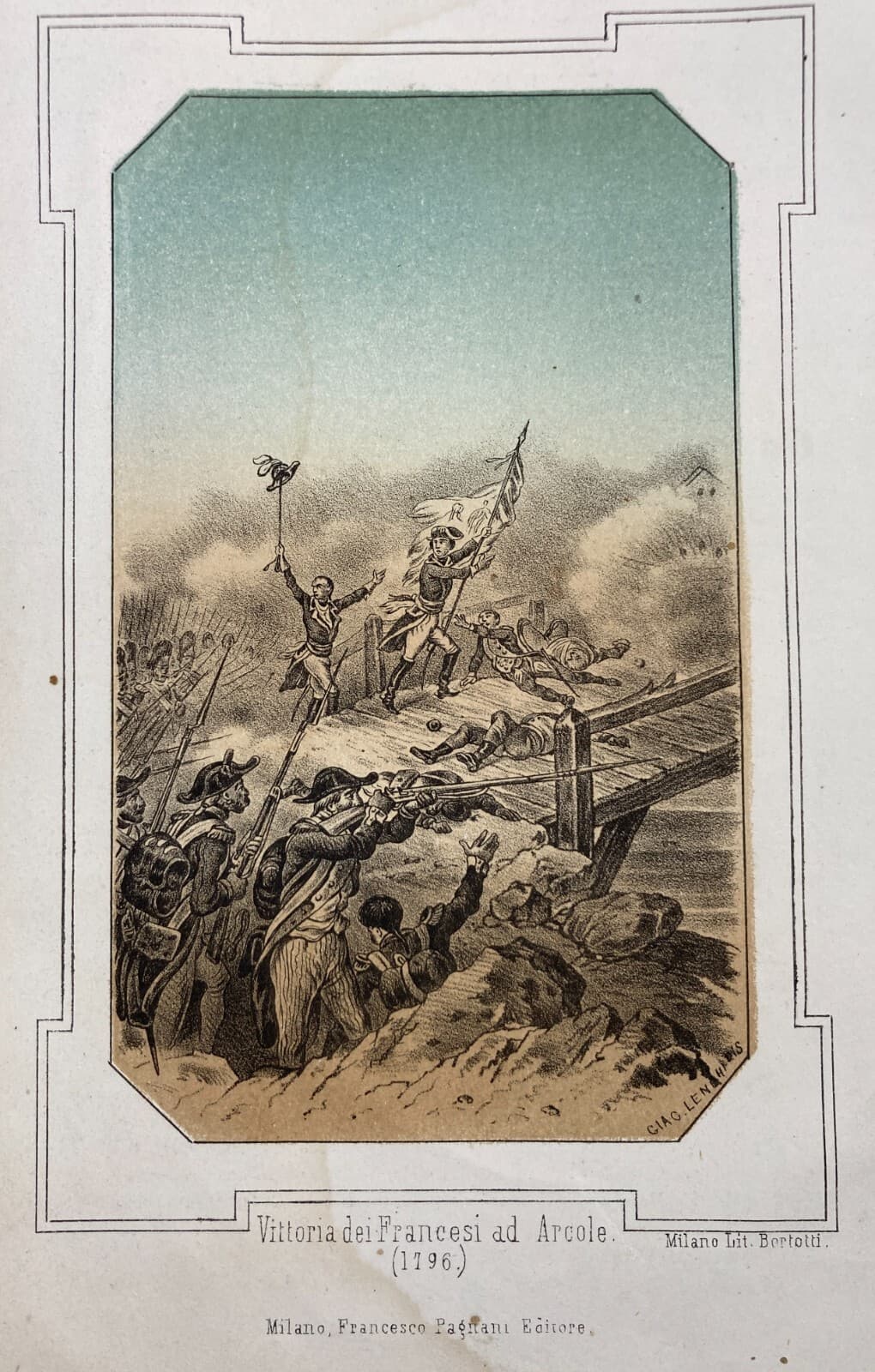 Militaria   Battaglia Di Arcole   1796   Antica Litografia A Colori   Milano   Bertotti