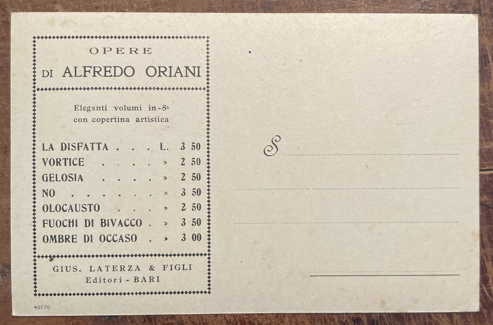 Alfredo Oriani: Ritratto. Antica Cartolina Pubblicitaria Dei Ranuzzi. Edizioni Laterza, Bari