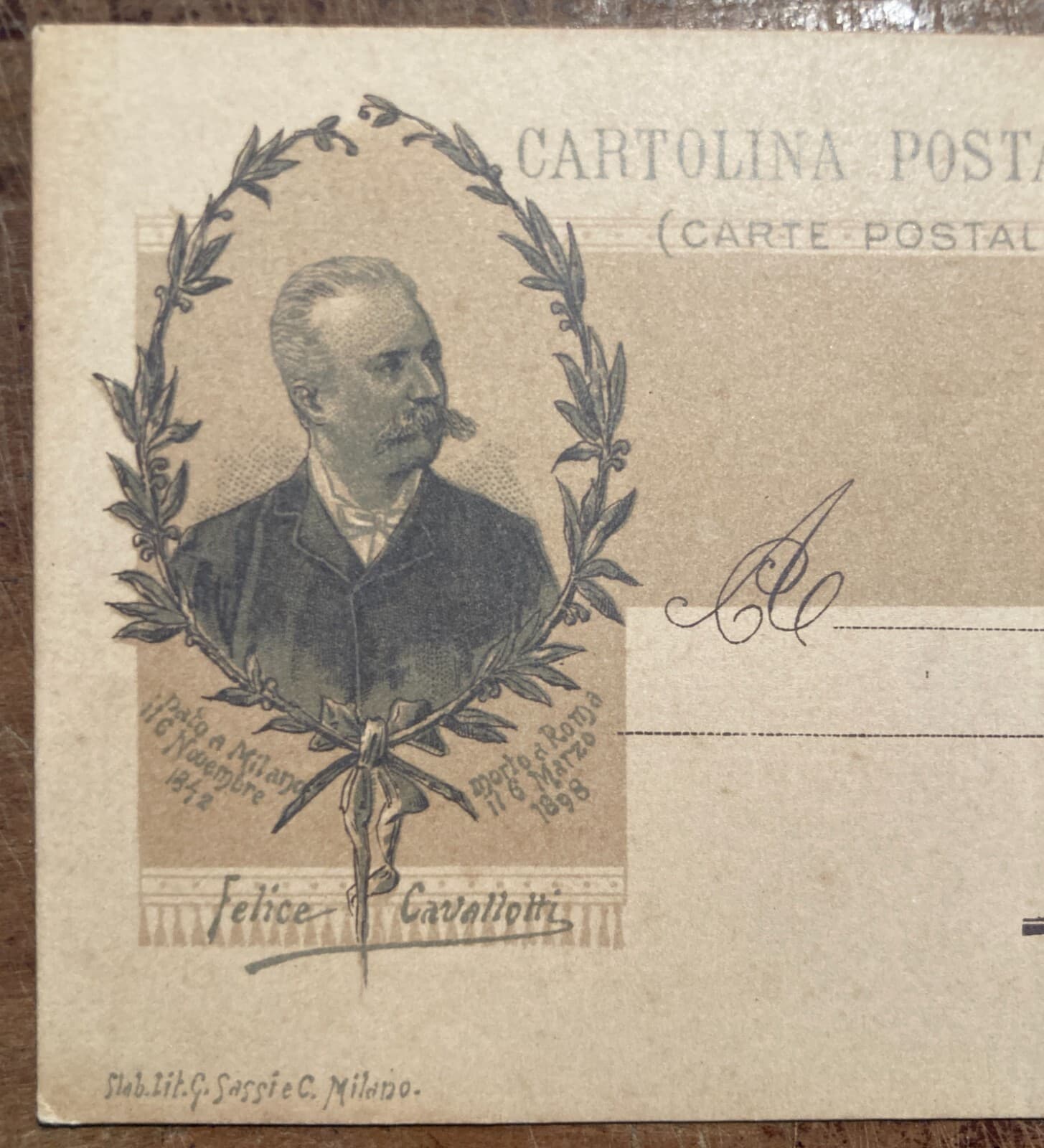 Felice Cavallotti, Ritratto d'Epoca, Cartolina Litografica Sassi, Milano