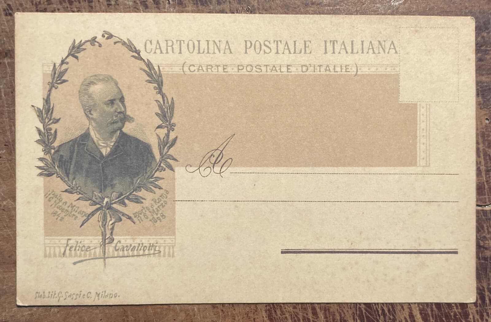 Felice Cavallotti, Ritratto d'Epoca, Cartolina Litografica Sassi, Milano