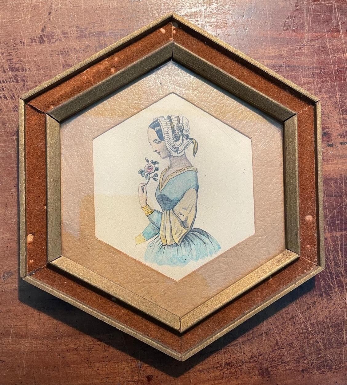 Stampa Colorata Decorativa   Damina Con Fiore   Quadretto Incorniciato Esagonale