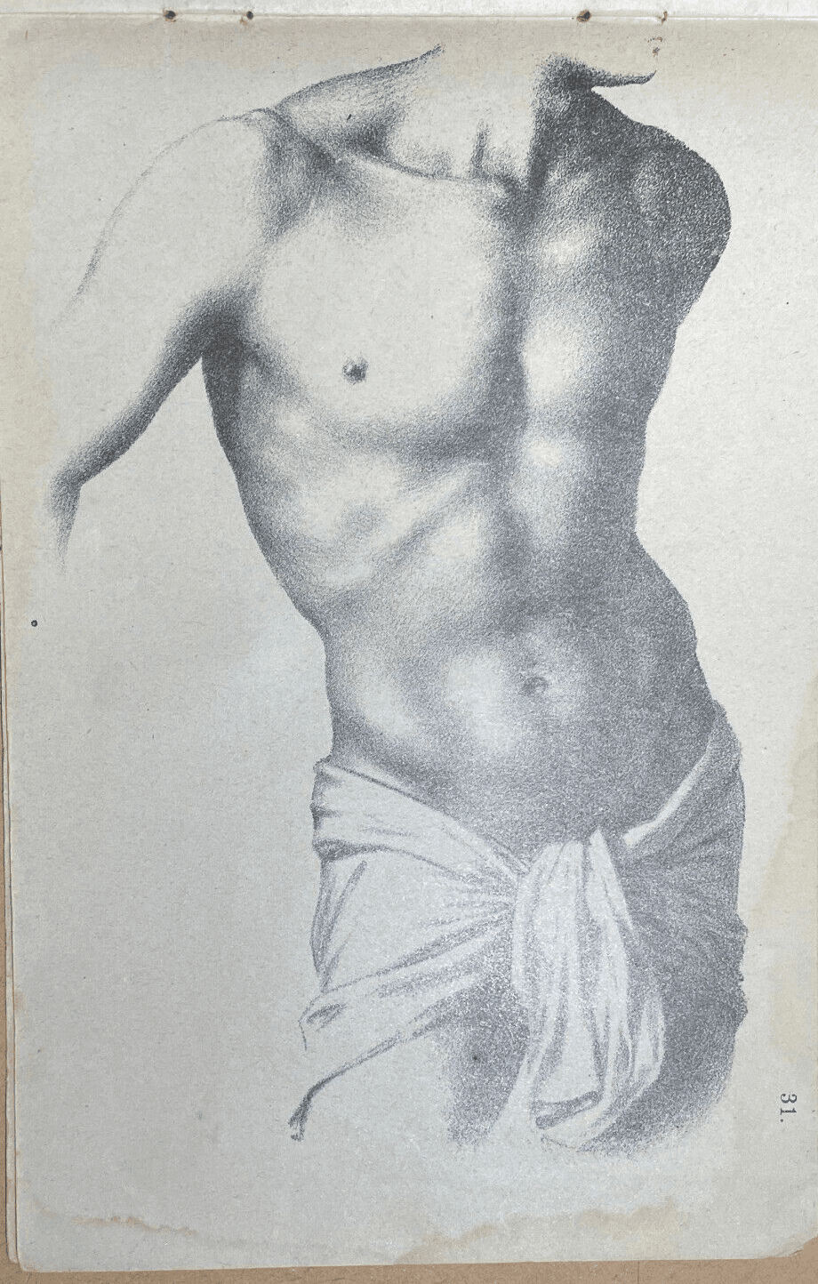 Arte: Studio Di Figura   Nudo Maschile. Antica Stampa Litografica d'Epoca