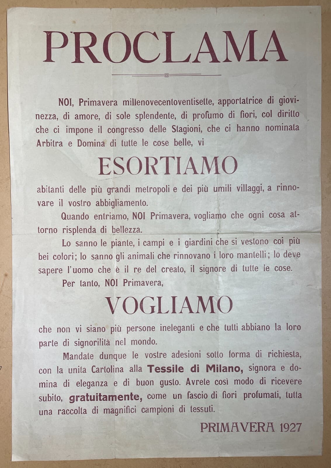 Moda, Tessuti, Abbigliamento, Milano. La Tessile: Primavera Italica, Pubblicitaria, 1927