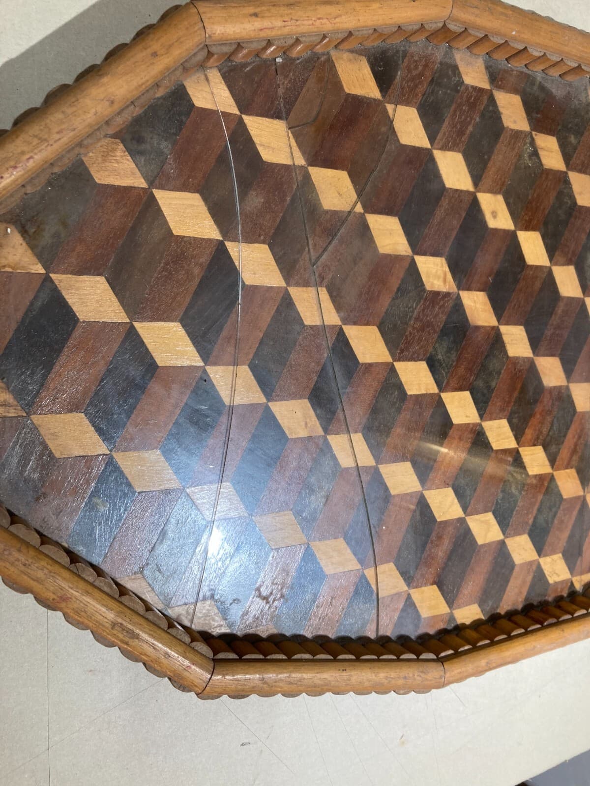 Grande Vassoio Dodecagonale In Legno Intarsiato Di Gusto Art Déco