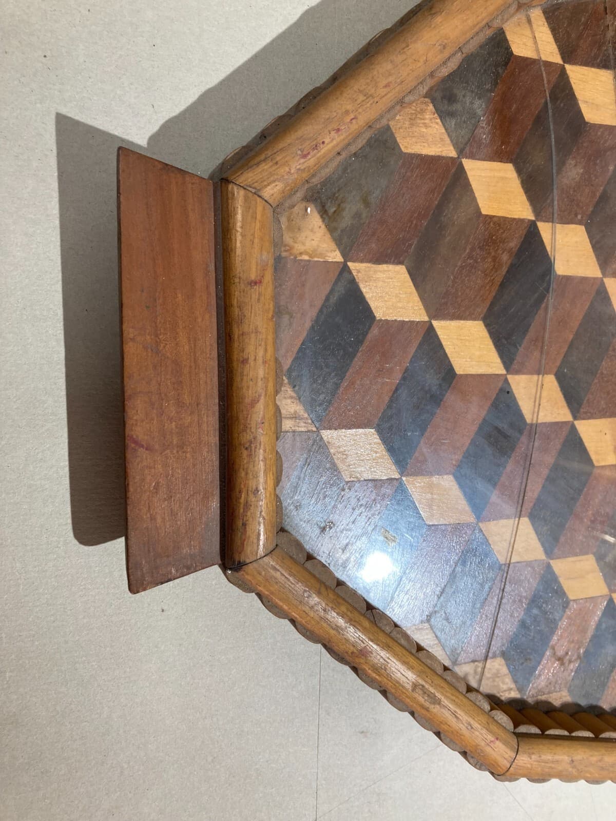 Grande Vassoio Dodecagonale In Legno Intarsiato Di Gusto Art Déco