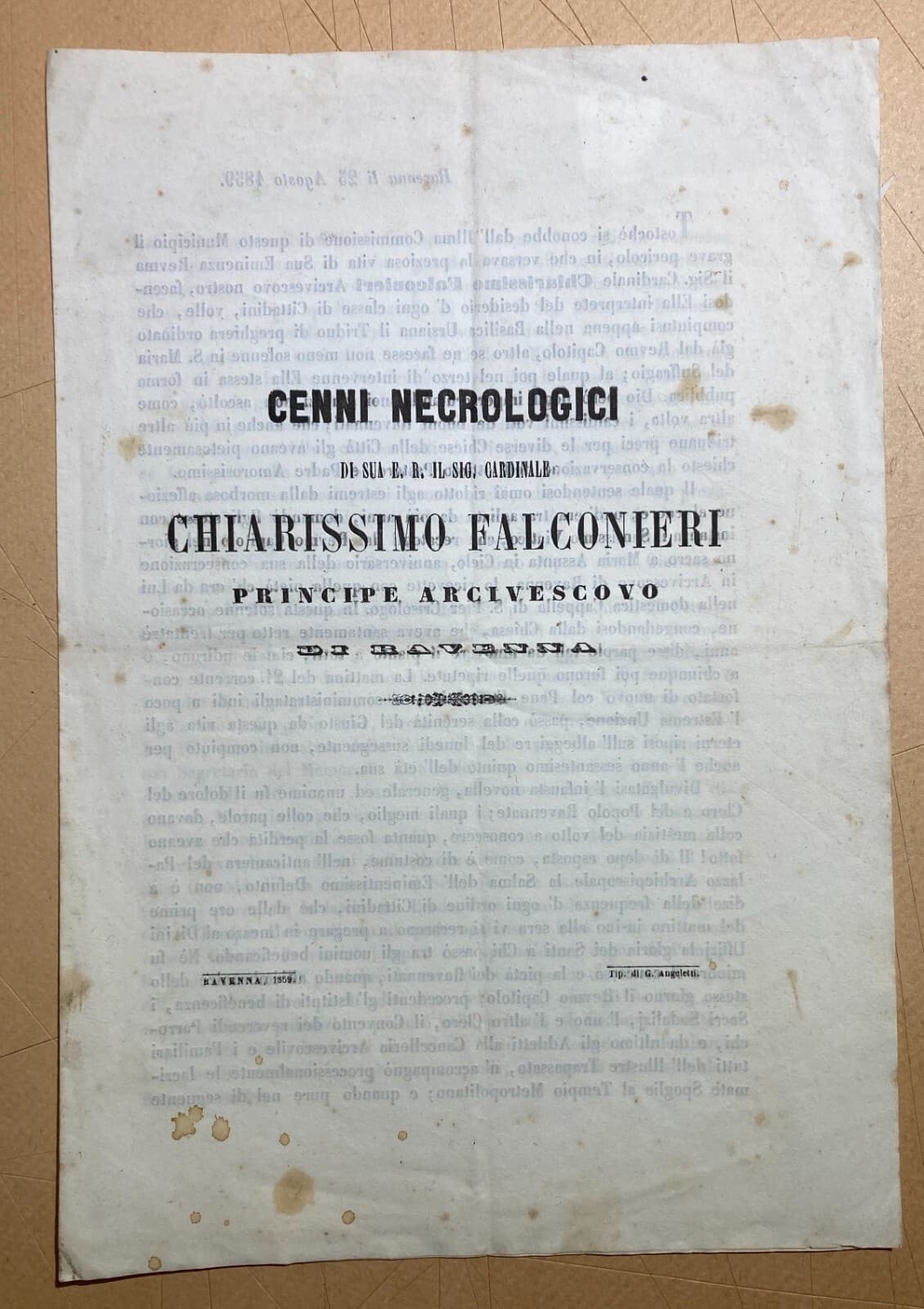 Antico Necrologio Del Principe Cardinale Falconieri, Arcivescovo Di Ravenna, 1859