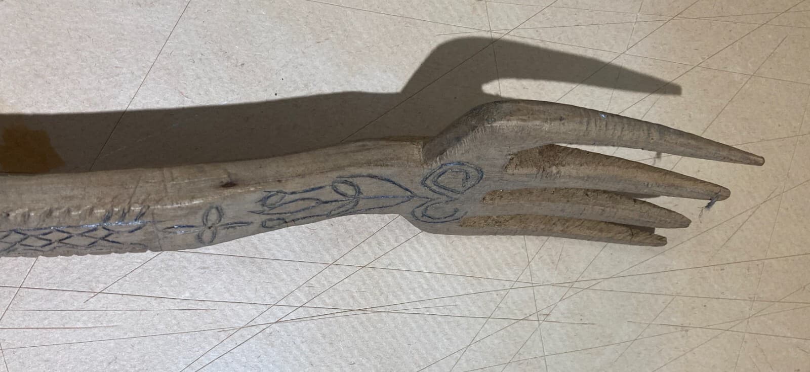 Folklore   Artigianato Popolare Del Legno   Forchettone Con Decori Incisi d'Epoca