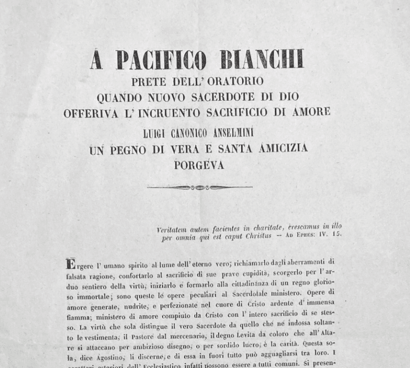 Foglio Volante Antico: Pacifico Bianchi E Luigi Anselmini, Tipografia Morici, Marche, XIX Secolo