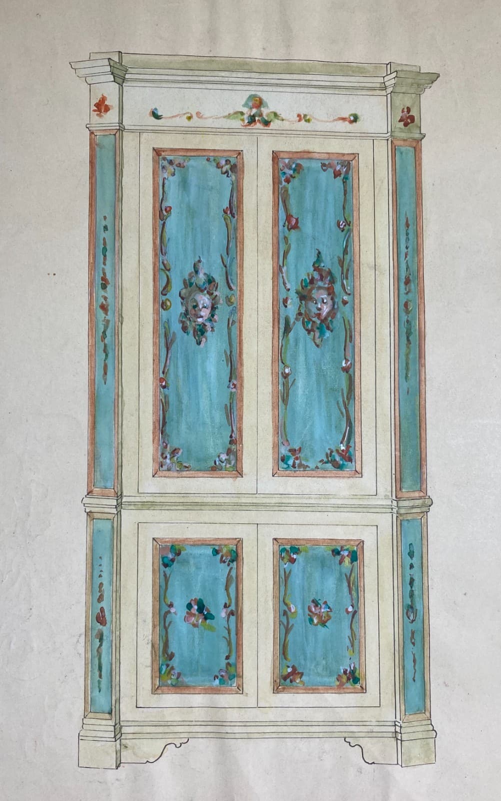 Progetto Di Mobile Dipinto   Acquerello d'Epoca Con Decori Floreali