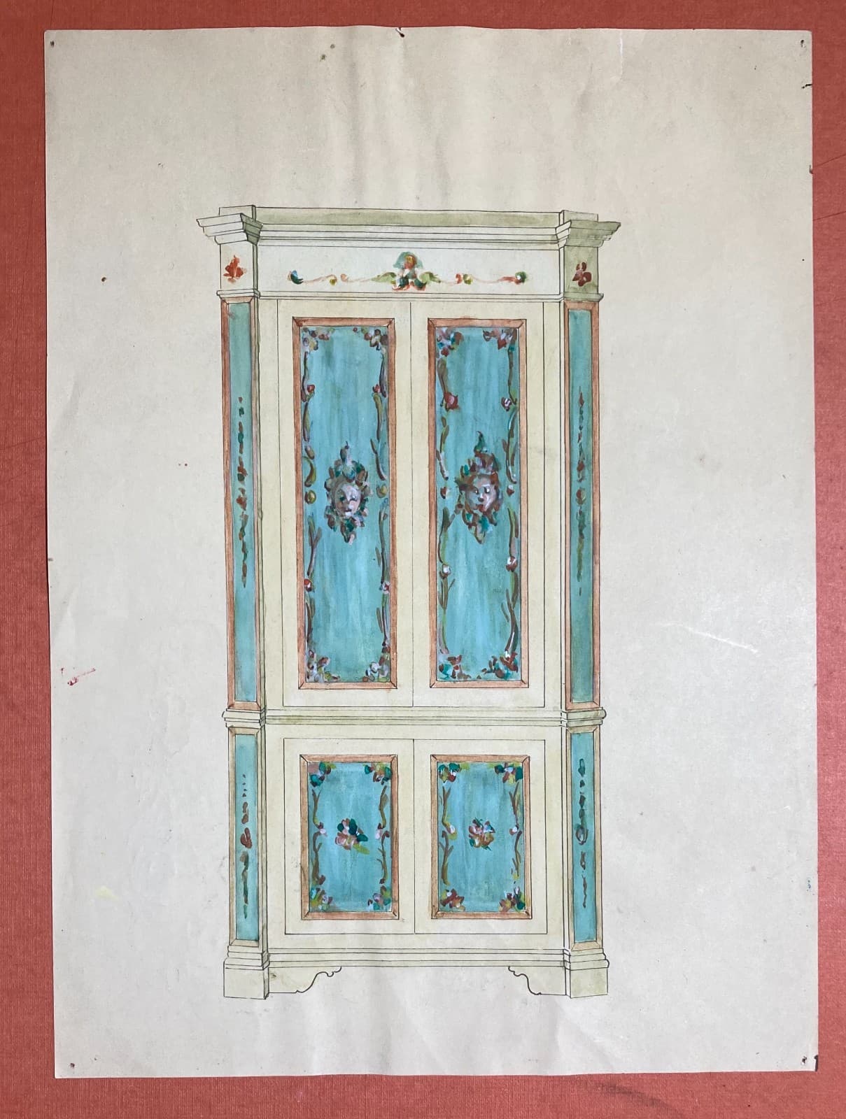 Progetto Di Mobile Dipinto   Acquerello d'Epoca Con Decori Floreali