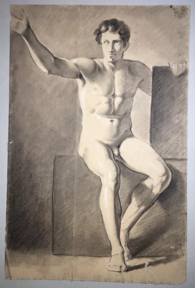 Studio Accademico Di Nudo Maschile: Disegni Fronte Retro Del XIX Secolo