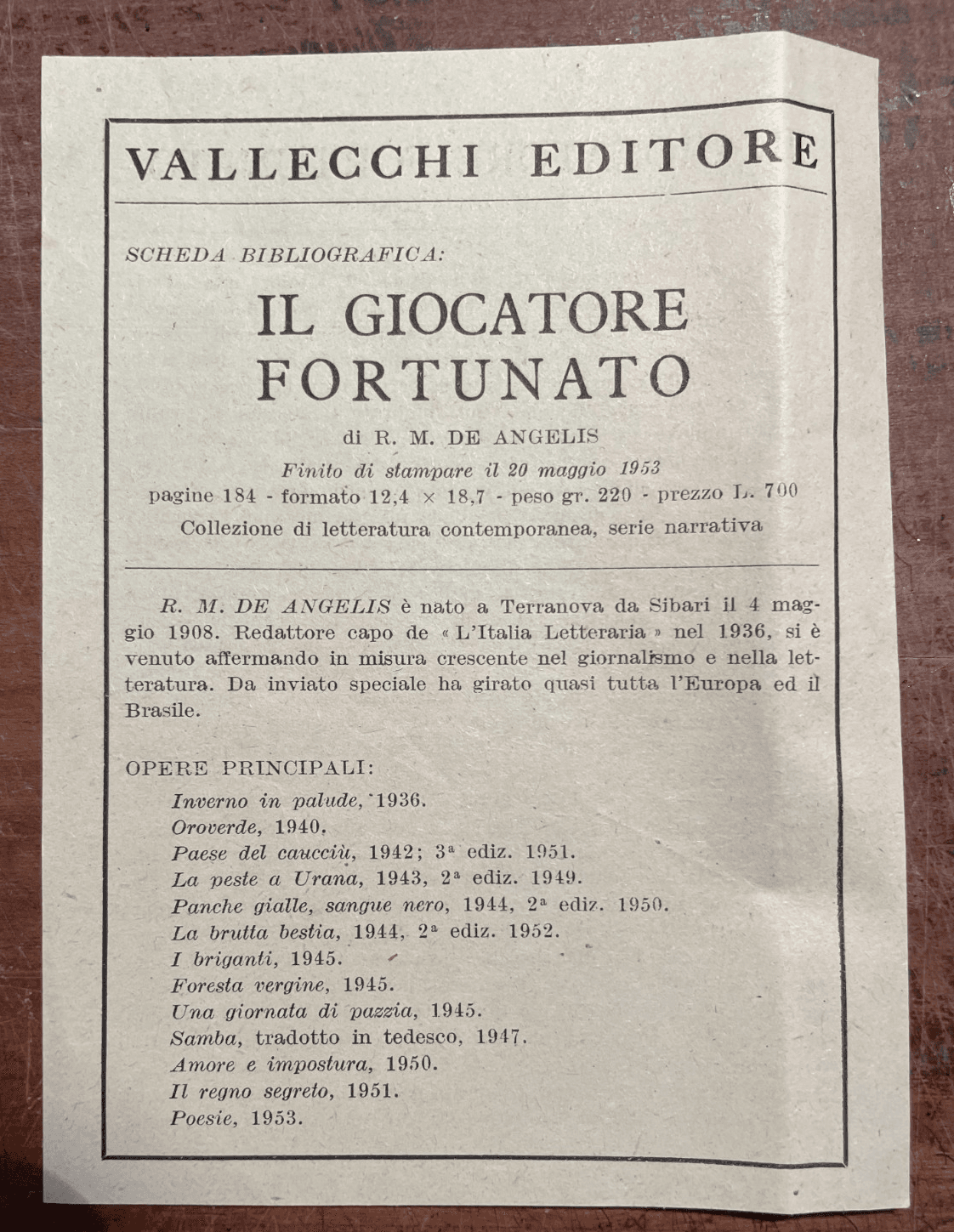Raoul Maria De Angelis   Il Giocatore Fortunato (Vallecchi, 1953)