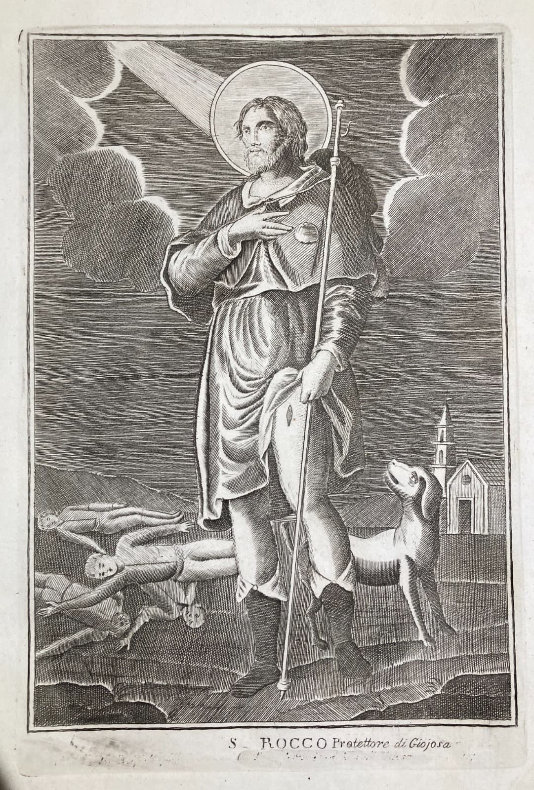 Antica Stampa Popolare Devozionale Di San Rocco, Protettore Di Gioiosa