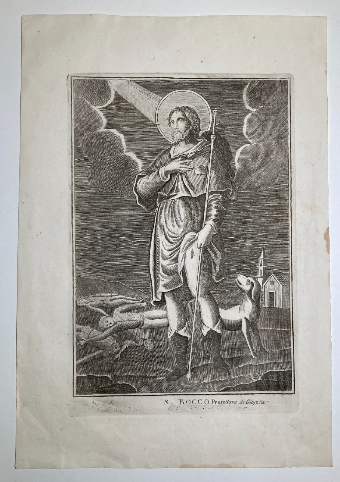 Antica Stampa Popolare Devozionale Di San Rocco, Protettore Di Gioiosa