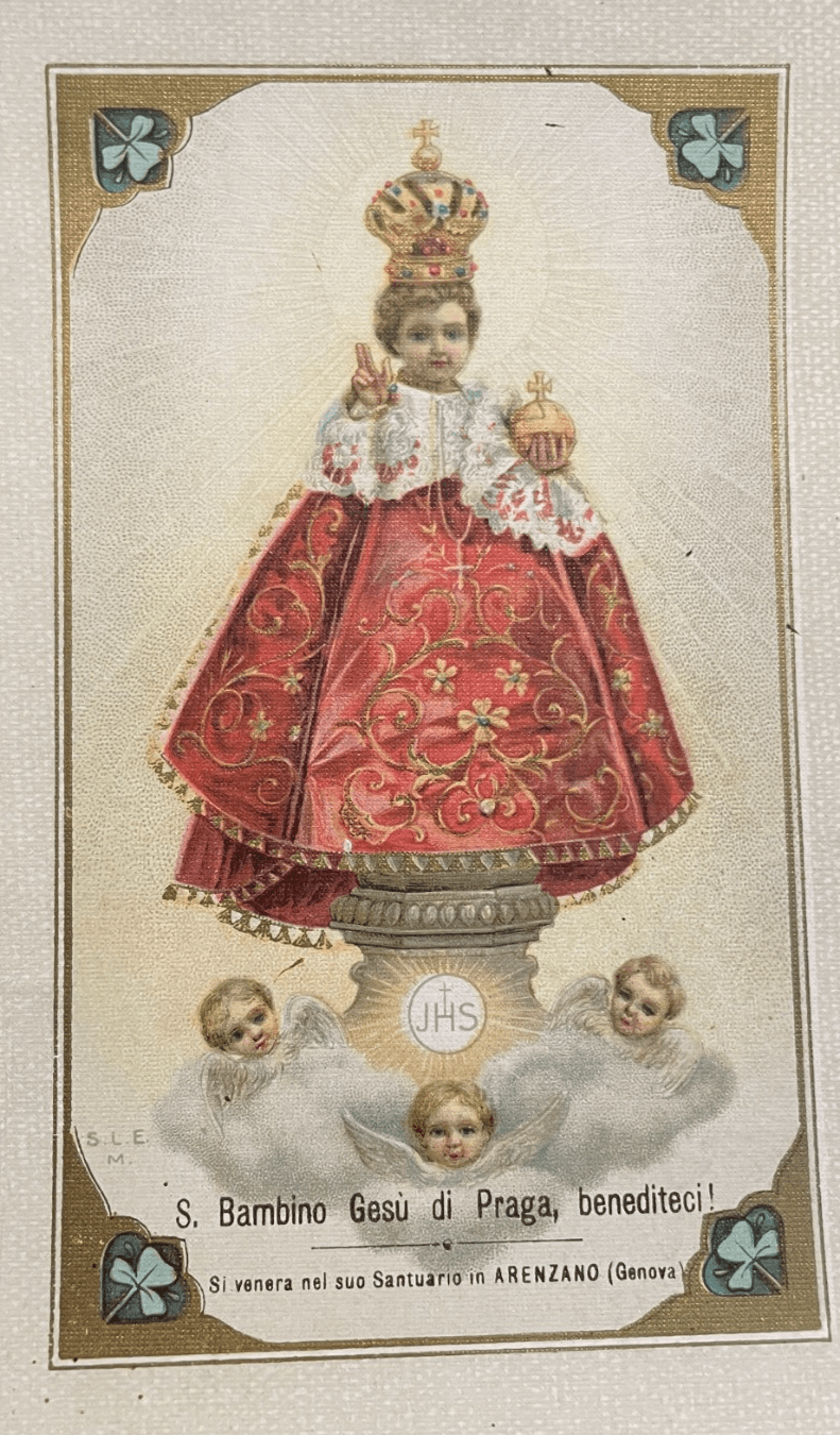 Antica Stampa Popolare Devozionale: Bambino Di Praga, Arenzano (Genova). Cromolitografia