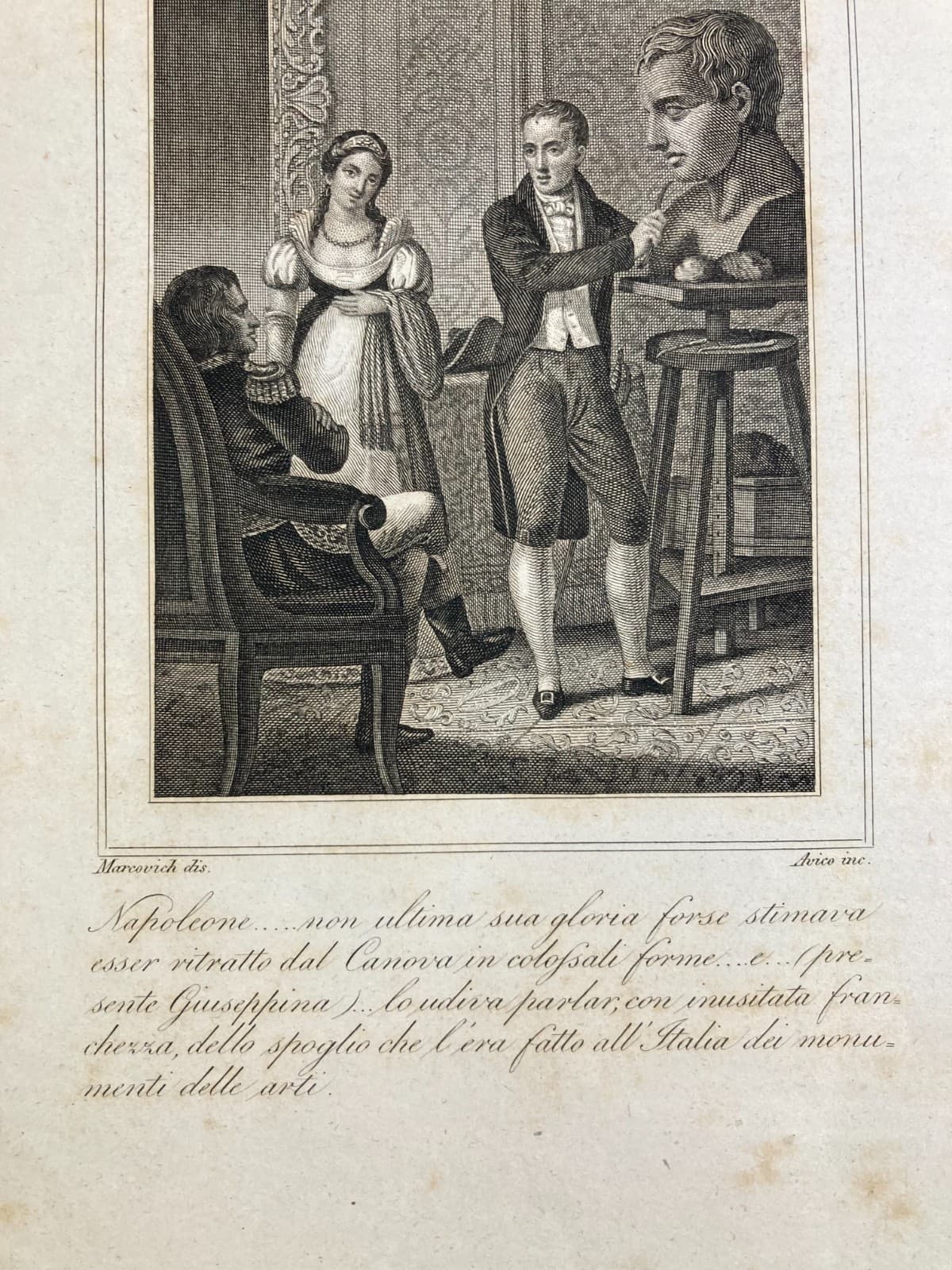 Scultura, Canova, Napoleone E Giuseppina. Antica Incisione Di Avico Su Disegno Di Marcovich, XIX Secolo