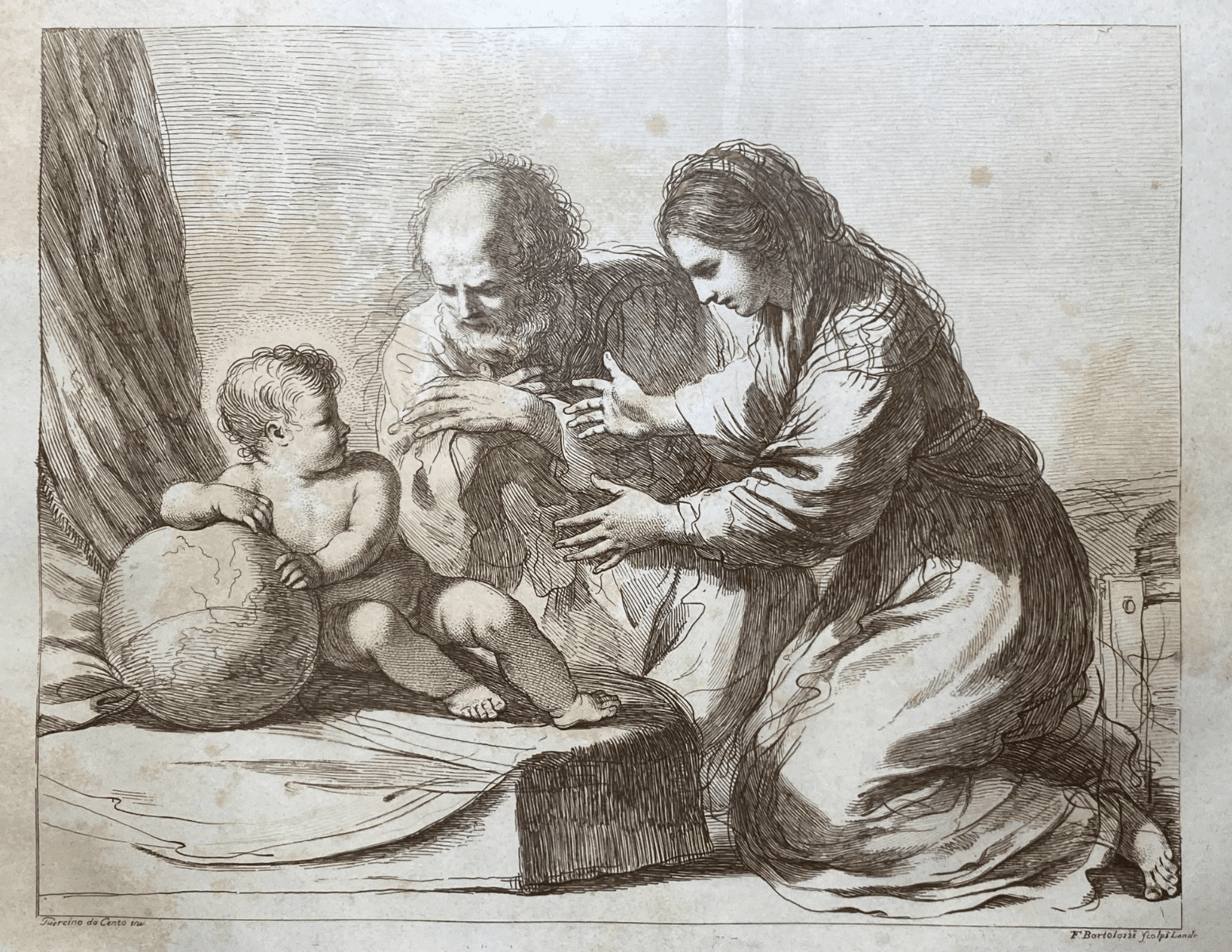 Maternità   Sacra Famiglia   Antica Incisione Di Francesco Bartolozzi Su Disegno Del Guercino