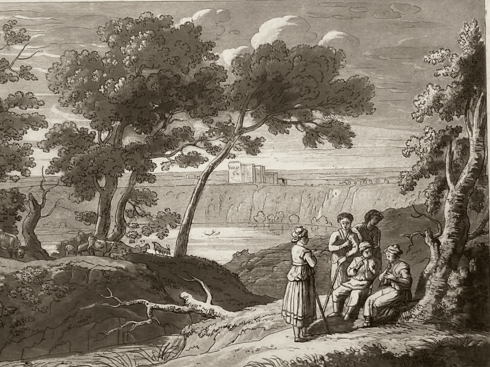 Antica Veduta Pastorale Con Musicanti   Artista Claude Lorrain   Incisore L. Caracciolo