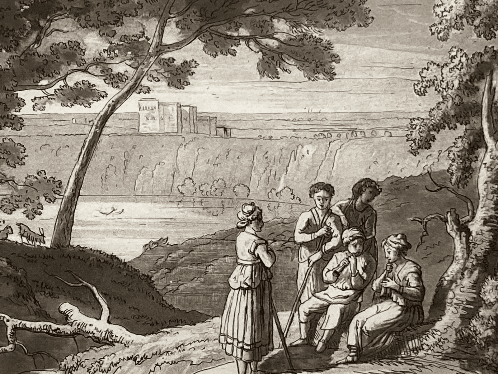 Antica Veduta Pastorale Con Musicanti   Artista Claude Lorrain   Incisore L. Caracciolo