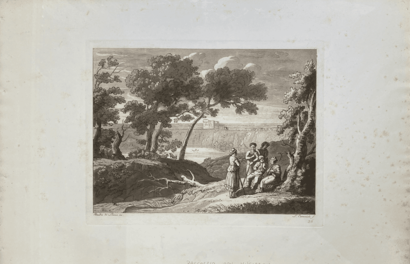 Antica Veduta Pastorale Con Musicanti   Artista Claude Lorrain   Incisore L. Caracciolo