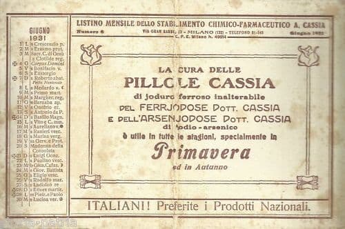 Calendario Pubblicitario Pillole Cassia, Milano, Giugno 1931