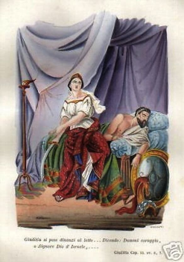 Giuditta. Incisione Xilografica Miniata A Mano, Acquisti, XIX Secolo