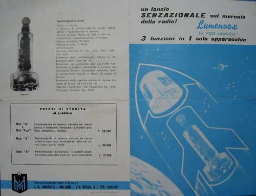 Depliant Pubblicitario Lumenvox: Lampada Radio Vintage Anni '50