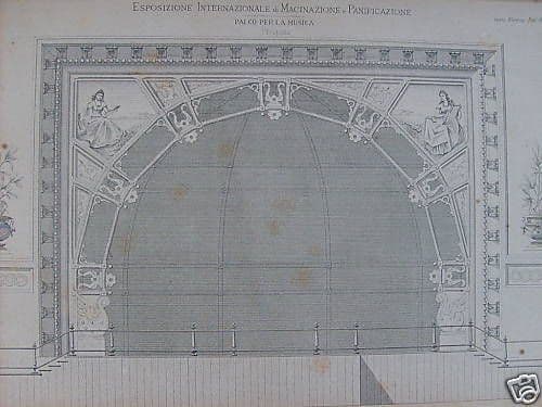 Stampa Litografica Prospetto Palco Per La Musica   Esposizione Di Panificazione XIX Secolo