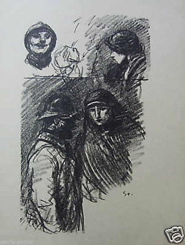 Stampa Litografica Steinlen Con Soldati E Donne, Primo '900