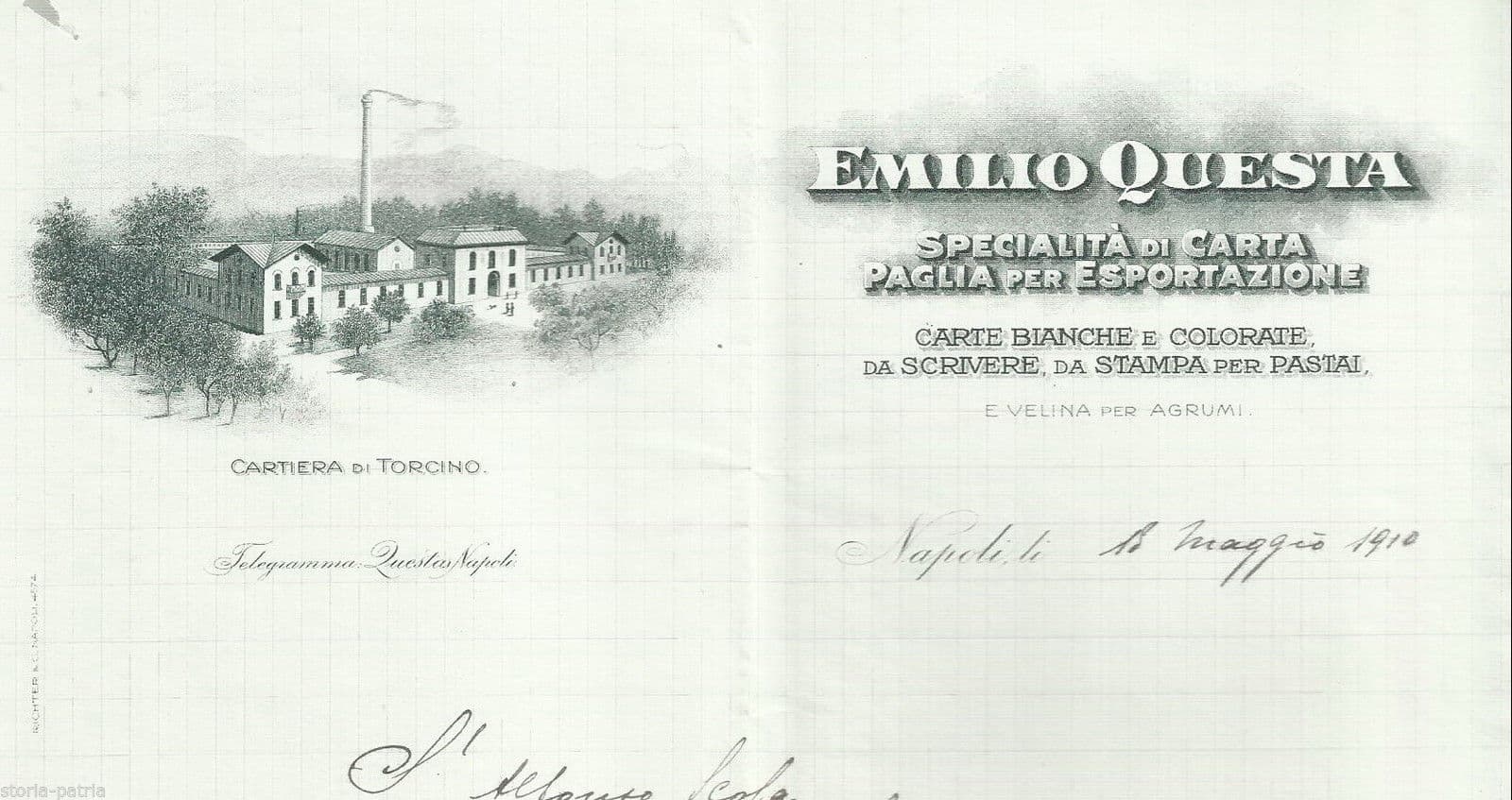 Pubblicità Carta Paglia Emilio Questa Napoli, Cartiera Torcino 1910