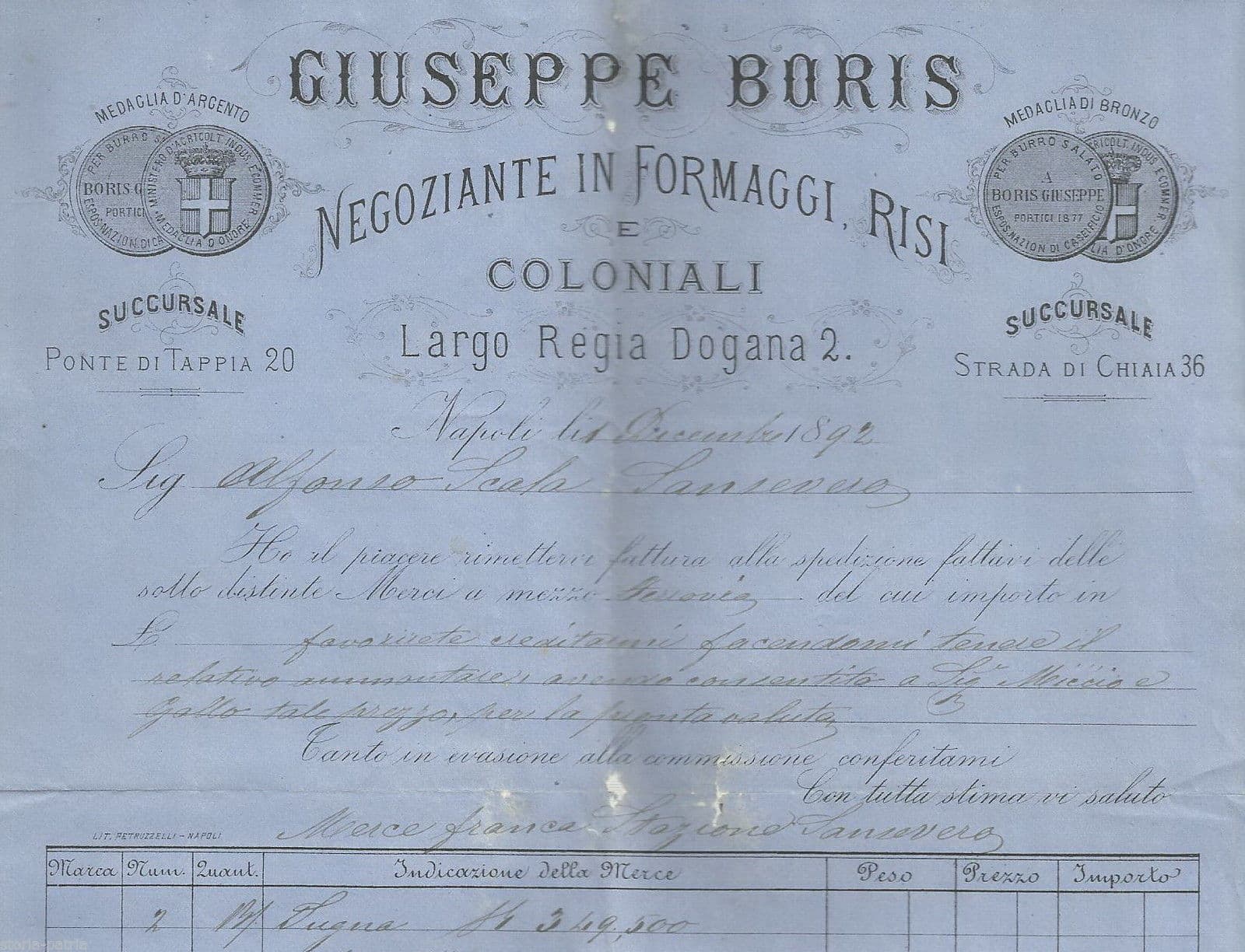 Fattura Pubblicitaria Antica Giuseppe Boris Napoli 1892